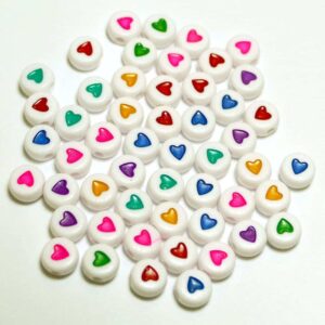 Acrylic beads -white with colored hearts- 7×4 mm colorful random mix