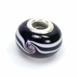 Large hole bead glass black with pattern 14x11mm