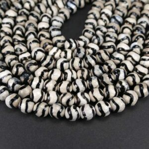 Tibetan agate ball faceted white with black line 8mm, 1 strand