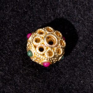 Nepal bead, filigree 7×9 mm metal, gold + stone, red and green 1x