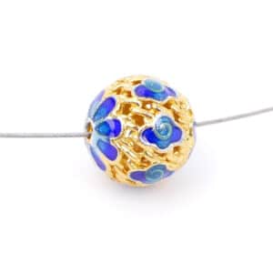 Perle métal fleur émail cloisonné 10 mm or bleu