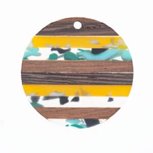 Wood & resin pendant disc turquoise, yellow 30 x 2.5 mm 1 piece